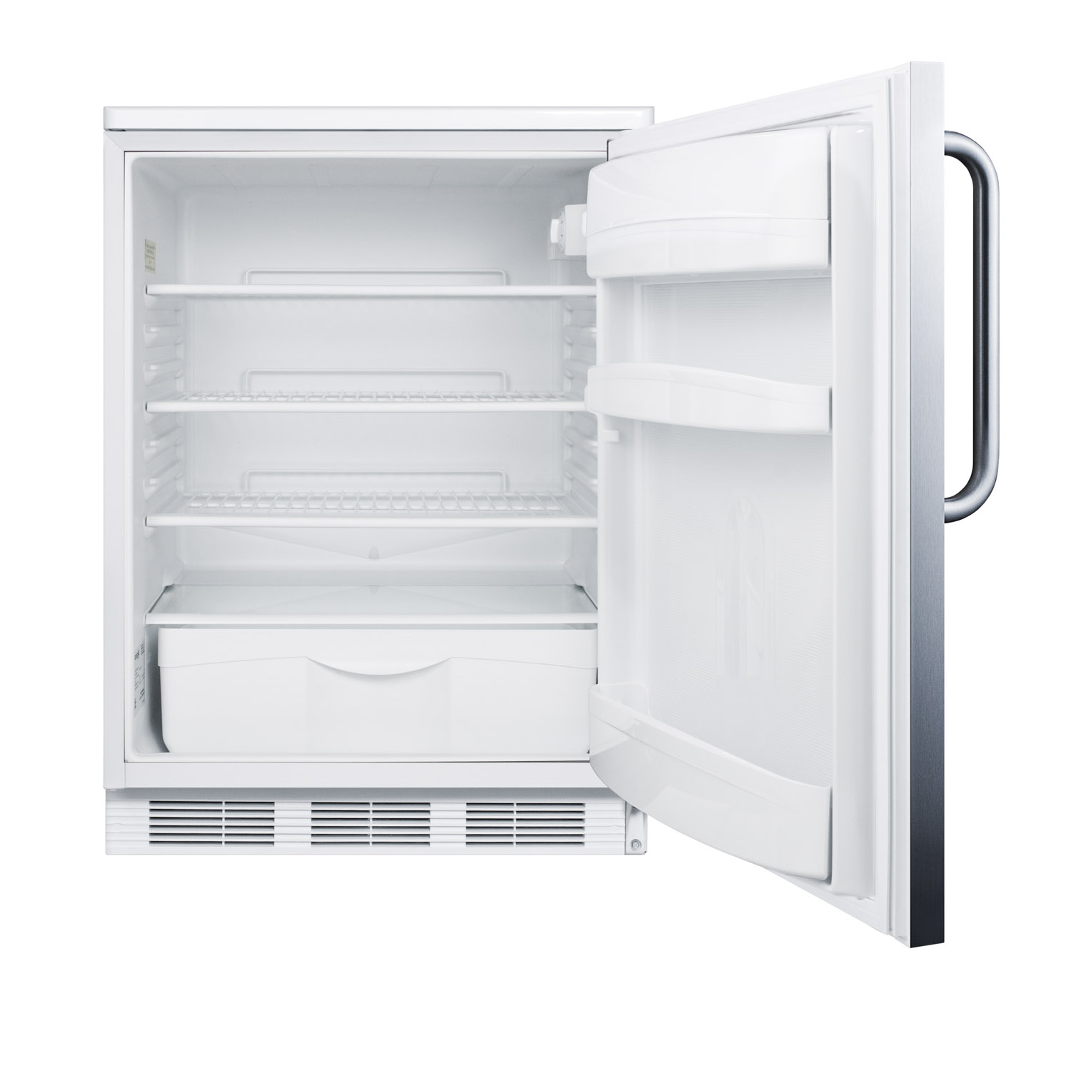 Commercially listed built-in undercounter all-refrigerator for general purpose use, auto defrost w/lock, SS wrapped door, towel bar handle, and white cabinet